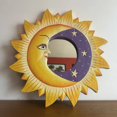 Vintage 90s Celestial Sun Moon Stars Mirror 12in Hand Painted Whimsygoth Purple - Image 1 of 2