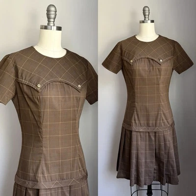 Vintage 1960’s Brown Plaid Drop Waist Mini Dress Size XS Small - Image 1 of 4
