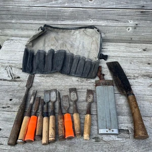 Vintage Japanese Chisel & Nata Tool Set / Carpentry Tools wi/ Roll Case #2611 - Picture 1 of 20