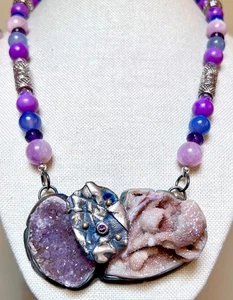 BEAUTIFUL EON Designer Ornate Sterling Silver Amethyst, Druzy, Kunzite Necklace - Imagen 1 de 17