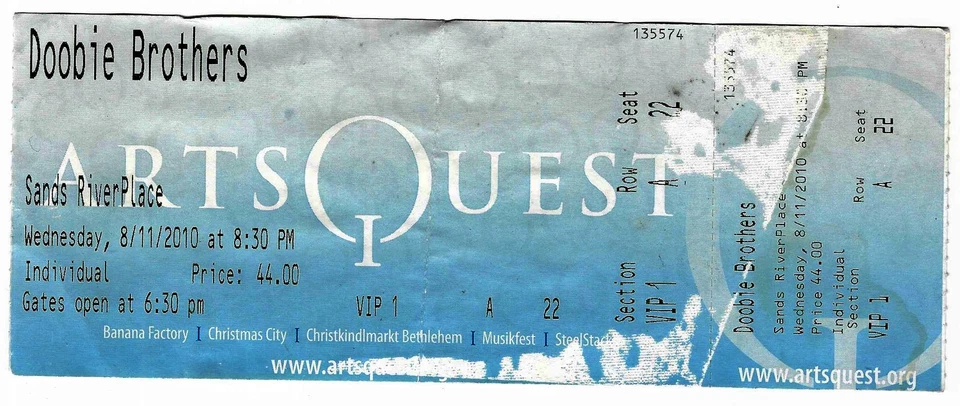 The Doobie Brothers 8/11/10 Bethlehem PA Sands RiverPlace Big Ticket! - Image 1 of 1