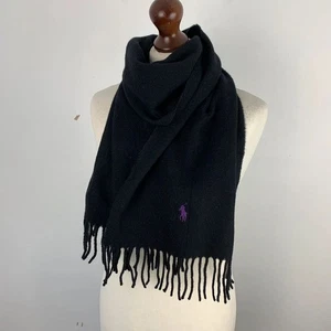 Polo Ralph Lauren Scarf Black 100% Wool Smart Formal Purple Pony Logo Preppy - Picture 1 of 10