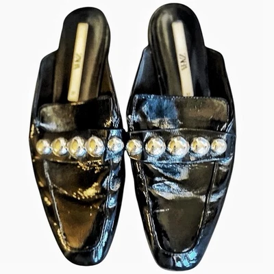 Zara Square Toe Studded Black Patent Slip On Mule Flats Size 8.5 Fairycore Glam - Image 1 of 4