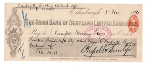 THE UNION BANK OF SCOTLAND - an 1889 varient of this style of cheque. - Picture 1 of 1