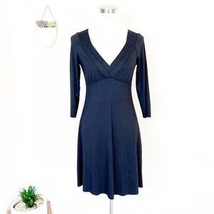 THREE DOTS Women Size M Black V-neck Jersey Knit A-Line Dress 3/4 Length Sleeves - Picture 1 of 9