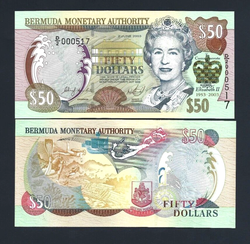 Bermudas 50 DÓLARES P-56 2003 Conmemorativo Reina Elizabeth Buceo UNC BILLETE Foto 1 de 2