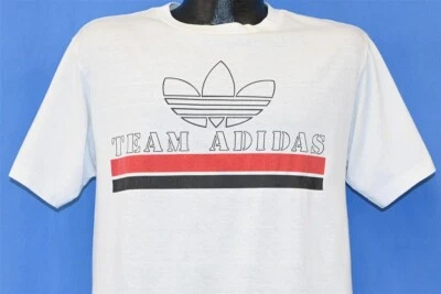 vintage 80s TEAM ADIDAS TREFOIL LOGO THREE STRIPE 2 SIDED WHITE t-shirt MEDIUM M - Image 1 of 4