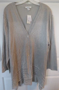 Cardigan Women Size 3X Gray Silver Shiny Thread Button Front Hi Lo Hem CJ Banks - Picture 1 of 8