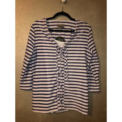 Lynn Ritchie Nautical VSCO Silver Blue White 3/4 Sleeve Tie Front Top & Tank  - Image 1 of 4