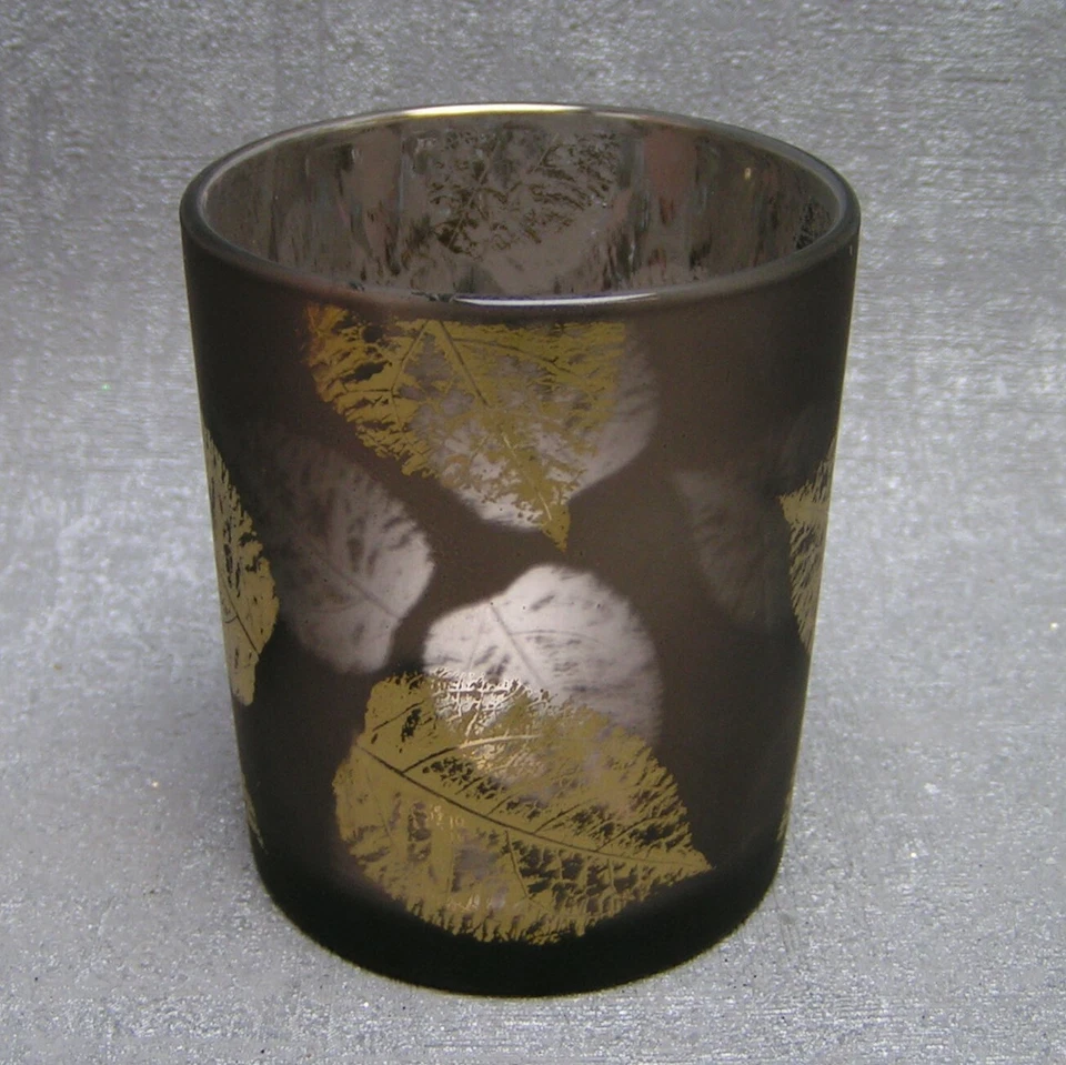 Gilde Windlicht Teelichthalter Glas Blätter braun gold Herbst   - Bild 1 von 1