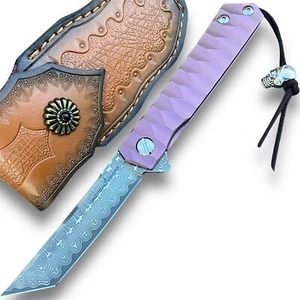 Solid Tc4 Titanium EDC Folding Knife! Damascus Steel Blade! Ball Bearing Pivot - Picture 1 of 8