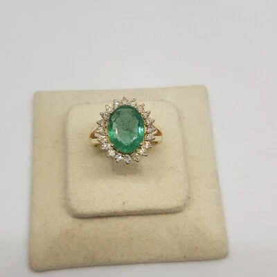 14k Massiv Gelbgold Natürliches Grün Smaragd Diamanten Halo Damen Cocktail Ring - Bild 1 von 4