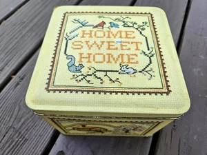 Vintage Home Sweet Home Yellow Square Tin Cross-Stitch Pattern Print Bird Animal - Picture 1 of 9