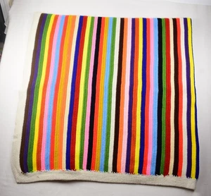 VINTAGE CROCHETED AFGHAN HAND MADE RAINBOW STRIPES W/ WHITE BOLDER  72" X 72" - Picture 1 of 10