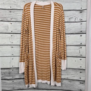 Magic Fit Camel White Stripe Long Cardigan Pockets Size L - Picture 1 of 7