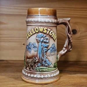 7" Tall Yellowstone Souvenir Mug With Old Faithful & Fishing Bridge - Picture 1 of 5