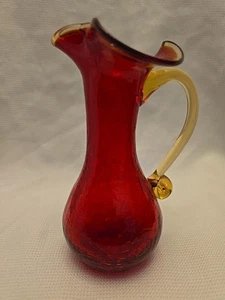 Vintage Amberina RED Crackle Glass Hand Blown Pitcher Red Yellow 6" Inches - Picture 1 of 12