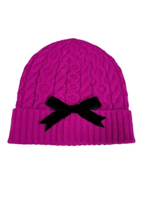 KATE SPADE NEW YORK Cable Knit Black Velvet Bow Beanie Fuchsia Hat Cap New - Image 1 of 4