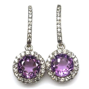 Sin Calentar 9Mm. Amatista Violeta Y Topacio Blanco Pendientes 925 Plata Oro - Imagen 1 de 4