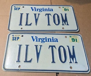 Pair ILV Tom Virginia Vanity License Plates 1991 " I Love Tom " - Picture 1 of 3