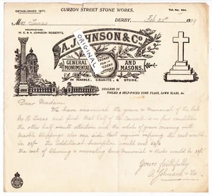 VINTAGE BILLHEAD 1939 FUNERALS DEATH JOHNSON STONE MASONS DERBY MOURNING GRAVES - Picture 1 of 1