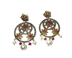 Ruby Pearl Gemstone Pave Diamond 925 Sterling Silver Dangle Handmade Earring - Picture 1 of 8