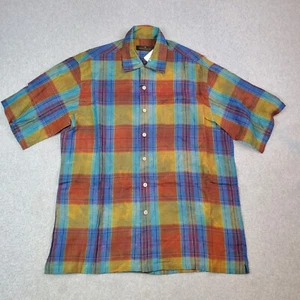 Bugatchi Linen Shirt Men's Medium M Short Sleeve Button Up Plaid Multicolor NEW - Picture 1 of 15