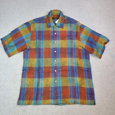 Bugatchi Linen Shirt Men's Medium M Short Sleeve Button Up Plaid Multicolor NEW - Image 1 of 4