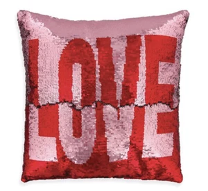 LOVE Sequined Mermaid Pillow 16 x 16 NWT Red Pink Two toned Valentine or Anytime - Picture 1 of 3
