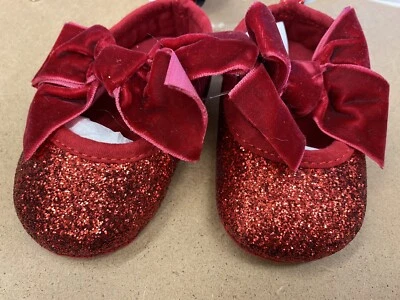 Cat & Jack Baby Infant Girls 3-6 M Red Glitter Sparkle Booties Shoes Elastic Bow - Image 1 of 2