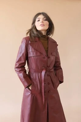 Women Burgundy Leather Long Coat 70s Military Fallout Trench Leather Coat - Image 1 of 4