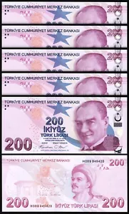 Turkey 200 Lira 2009 - 2024, UNC, 5 Pcs LOT, Consecutive, Prfx H, P-227,NEW SIGN - Picture 1 of 4