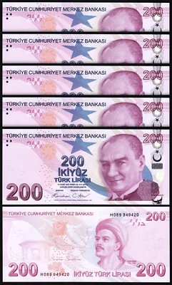 Turkey 200 Lira 2009 - 2024, UNC, 5 Pcs LOT, Consecutive, Prfx H, P-227,NEW SIGN - Image 1 of 4