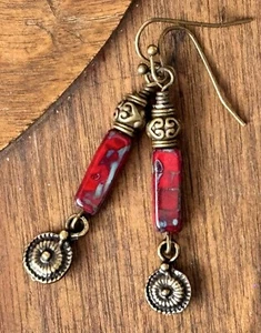 Etched Bronze and Marbled Red Picasso Bead Earrings. Boho Chic. - Picture 1 of 3