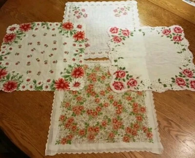 4 Vintage Hankies. Classic Floral Designs.  Scalloped Edges. Very Nice.  - Image 1 of 4