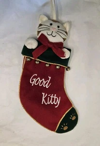 Cat Christmas Stocking 3D Plush GOOD KITTY Striped Jingle Bells Brown White 14" - Picture 1 of 9