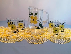Antique Hand Painted Yellow Flower Clear Glass Pitcher/Glasses - Picture 1 of 16