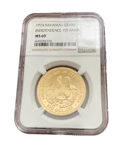 Bahamas 1974 Gold $100 NGC MS69 Independence 1st Anniversary - Picture 1 of 2