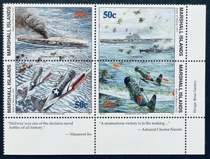 MARSHALL ISLANDS BATTLE OF MIDWAY 1942 WWII 1992 BLOCK OF 4 STAMPS W43 #312-15 - Picture 1 of 1