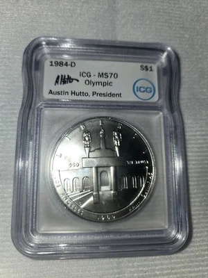 1984 D ⭐MS 70⭐ USA OLYMPIC Silver  Commemorative $1-ICG Hutto Signed White Label - Image 1 of 2