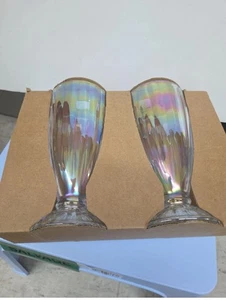 Set of 2 Rare Retro Soda Fountain Milkshake/Float Ribbed Footed Glasses 7.5" - Picture 1 of 2