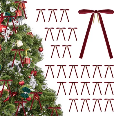 24Pcs Red Velvet Bows Burgundy Christmas Ornaments Ribbon Bows - Image 1 of 4