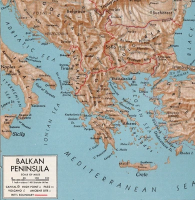 Небольшая винтажная карта Балканского полуострова Греции Турции Болгарии печать 1922–1948 гг. - Изображение 1 из 2