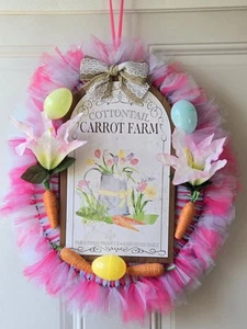 Cottontail Carrot Farm-Homemade Easter Tulle Wreath-Eggs,carrots,lilly-Spring - Picture 1 of 5