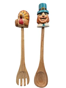 Thanksgiving Holz Servierutensilien Pilger Löffel Truthahn Gabel - Bild 1 von 7