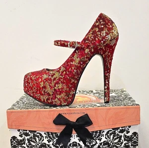 Bordello Teeze 07SQ/RG Red & Gold Sequins High Heels Schuhe (UK5)(UVP 100£) - Bild 1 von 8