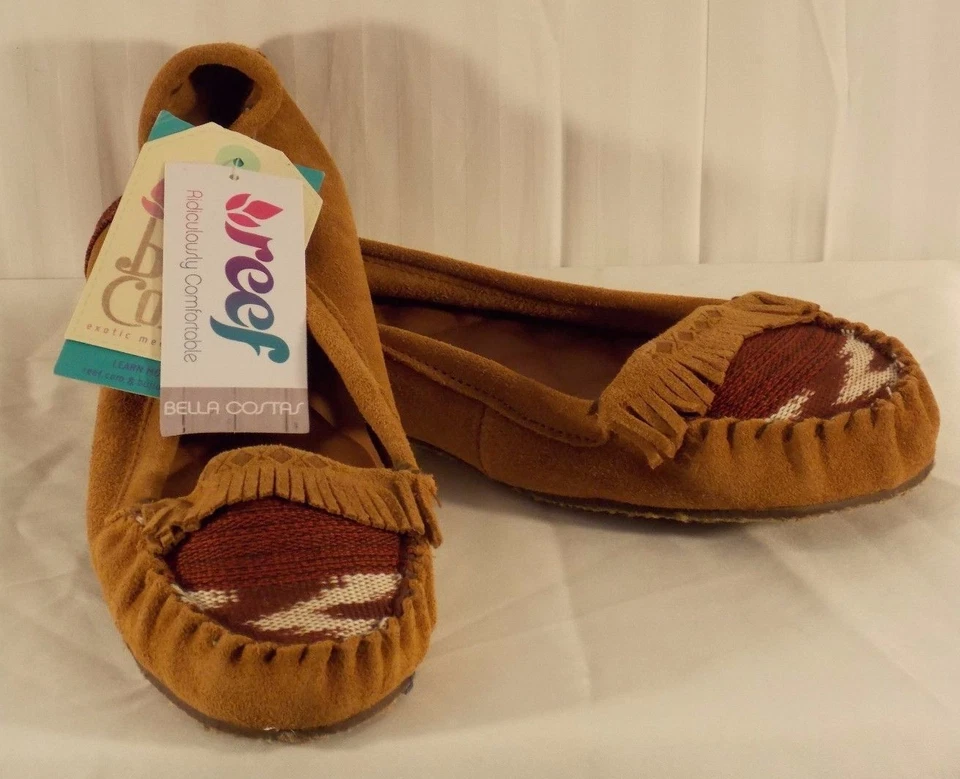 NEW REEF WINTER DRIFT MOCCASINS 9.5 BROWN SUEDE WITH HAND WOVEN FABRIC - Image 1 of 1