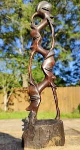 VTG African Totem 4 Faces Dark Heavy Hand-Carved Wood 16.75" Tall - Picture 1 of 9
