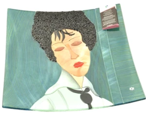 SEBINO ARTE Square Platter Fused Glass Modigliani Woman Black Tie Hand Made New - Picture 1 of 7