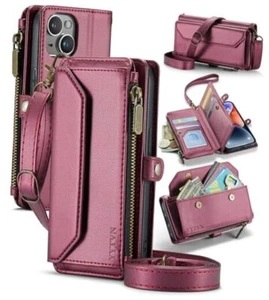 for Wallet Case with Zipper Card Holder & Crossbody Lanyard iPhone 13 023-Red - Picture 1 of 7
